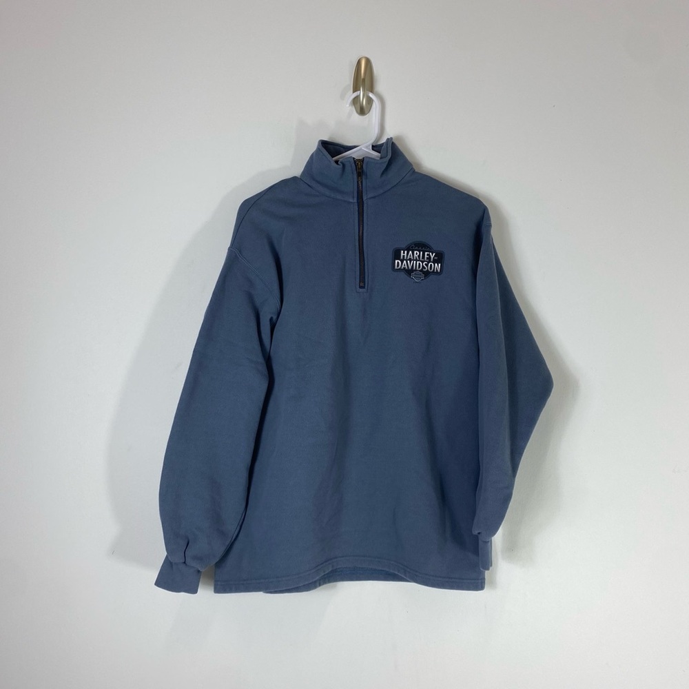 HARLEY DAVIDSON 1/4 Zipper Sweater Graphic Logo Blue Long Sleeve Size M